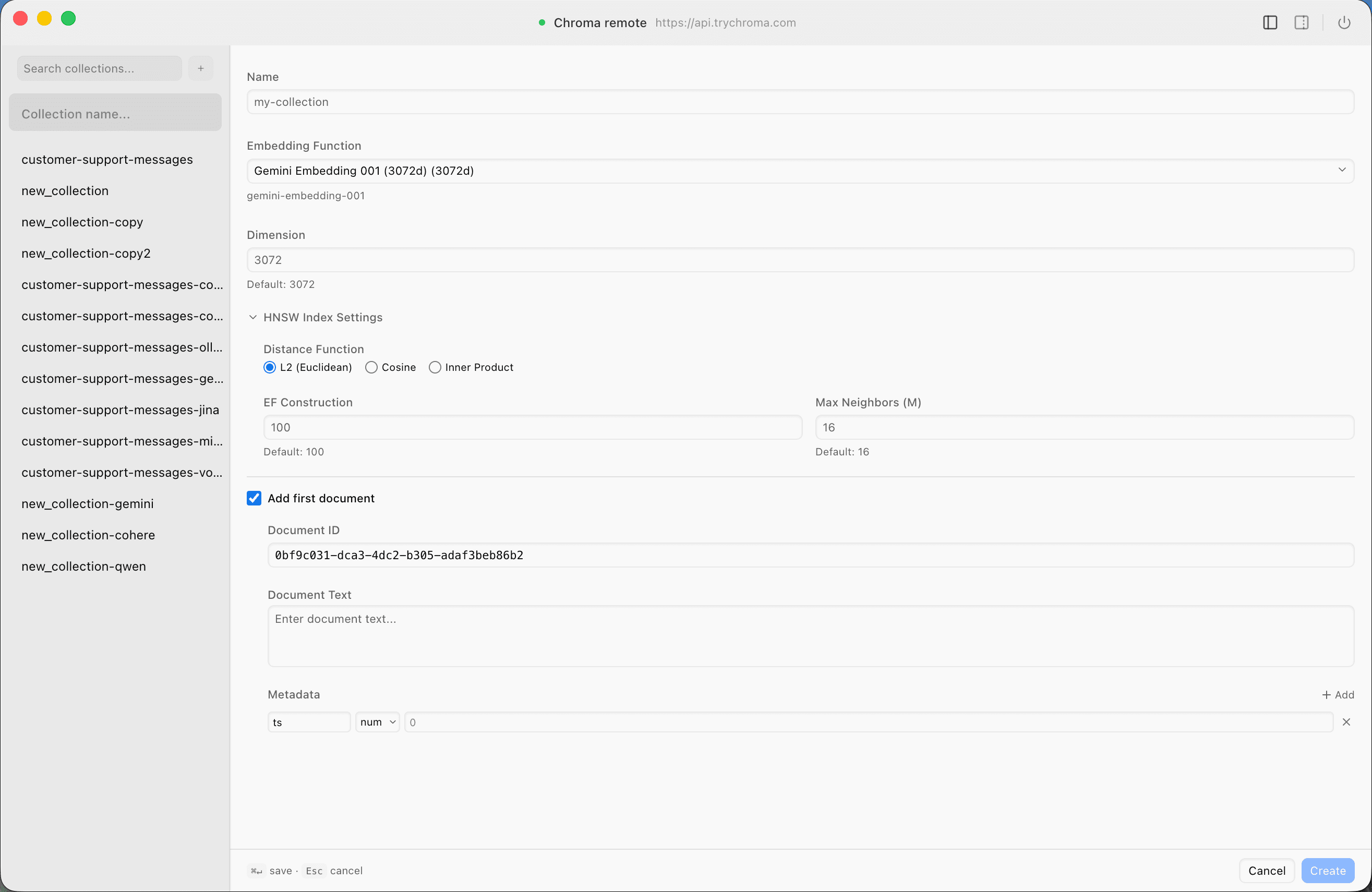 ChromaDB collection creation dialog with embedding function selection and HNSW parameters configuration