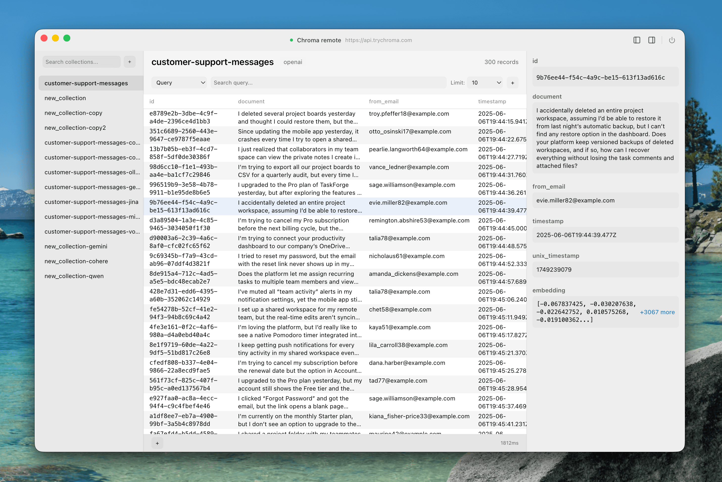 ChromaDB desktop GUI showing collection browser with documents, embeddings, and metadata management interface